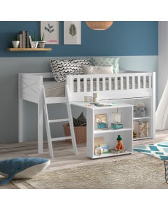 Lit surélevé en bois massif blanc avec bureau et rangement ouvert, style scandinave pour enfant Scott, par Vipack, chez le Jurassien.