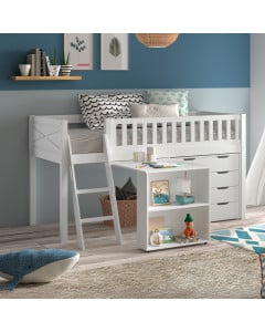 Lit surélevé blanc Scott avec bureau et rangements en bois massif, multifonctionnel pour enfant. Disponible chez Jurassien, marque Vipack.