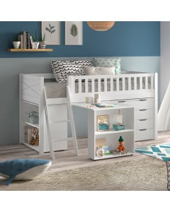 Lit surélevé blanc en bois massif avec bureau et rangements, style moderne et ergonomique Scott - Disponible sur la boutique du Jurassien, marque Vipack