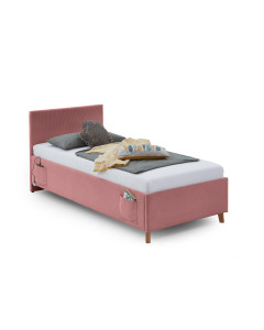 Lit 90x200 Meise Cool en tissu côtelé rose avec ports USB et poches de rangement
