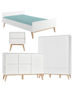 Pack chambre ado Swing Pinio blanc : lit 120x200, chevet, commode large, armoire 3 portes
