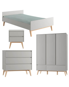 Pack chambre ado Swing grise avec lit 120x200, chevet, commode 3 tiroirs et armoire 3 portes