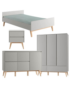 Pack chambre adolescent Swing grise comprenant un lit 120x200 cm, un chevet deux tiroirs, une large commode et une armoire 3 portes avec tiroirs inférieurs