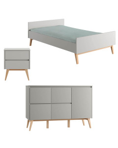 Pack chambre ado Swing grise : lit 120x200 cm, table de chevet et grande commode assortie avec pieds en bois naturel