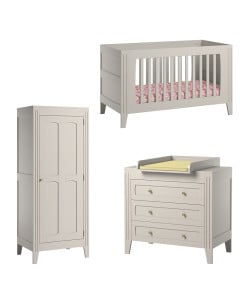 Ensemble de mobilier de chambre bébé Milenne beige sable, comprenant un lit bébé avec un matelas floral, une armoire spacieuse et une commode avec plan à langer, au design élégant et fonctionnel - marque Vox - Jurassien.
