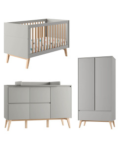 Pack chambre bébé évolutive Swing Pinio gris : lit 70x140, commode à langer 4 tiroirs, armoire 2 portes style scandinave en bois
