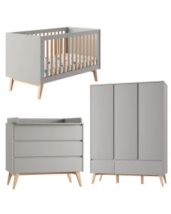 Pack chambre bébé Swing Pinio gris et bois : lit évolutif 70x140, commode à langer 3 tiroirs, armoire 3 portes style scandinave moderne