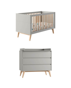 Pack DUO petite chambre bébé évolutive Swing grise avec lit 70x140 et commode à langer assortie