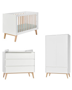 Pack chambre bébé Swing blanc et bois Pinio : lit 60x120, commode à langer, armoire 2 portes