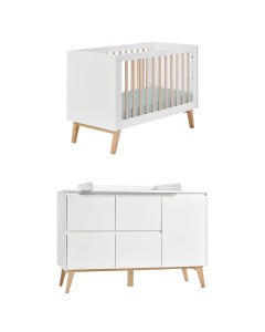 Pack chambre bébé Swing Pinio : lit 60x120 cm blanc et bois naturel + commode à langer 4 tiroirs et 1 placard, design épuré et fonctionnel.