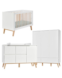 Pack chambre bébé Pinio Swing blanche et bois naturel : lit bébé 60x120, commode 4 tiroirs avec placard 1 porte, armoire 3 portes design scandinave épuré, durable et fonctionnel