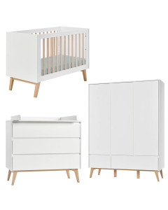 Pack chambre bébé Swing Pinio en bois et blanc comprenant lit bébé 60x120 cm, commode à langer 3 tiroirs et armoire 3 portes