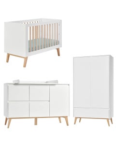 Pack chambre bébé Swing Pinio blanc et bois naturel : lit bébé 60x120, commode à langer spacieuse, armoire 2 portes design scandinave durable