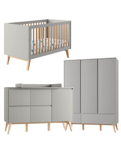 Pack chambre bébé complète évolutive Swing Pinio gris taupe et bois : lit 70x140, commode à langer spacieuse et armoire 3 portes style scandinave