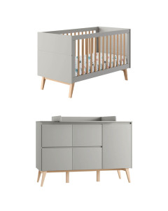 Pack chambre bébé évolutif Swing gris : lit 70x140 avec sommier réglable et meuble commode à langer spacieuse avec rangements intégrés