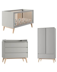 Chambre bébé complète Swing grise avec lit évolutif 70x140, commode à langer 3 tiroirs et armoire 2 portes, design scandinave aux pieds bois naturels