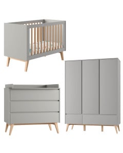 Pack chambre bébé complète Swing gris taupe de Pinio : lit 60x120, commode à langer et grande armoire 3 portes