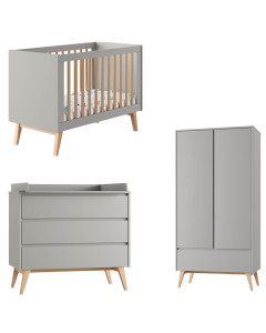 Pack Trio chambre bébé Swing gris taupe de Pinio avec lit 60x120, commode à langer et armoire 2 portes