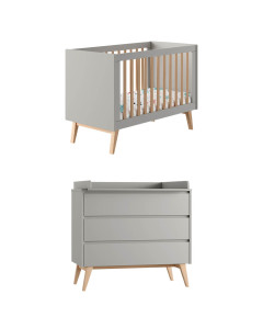 Pack chambre bébé collection Swing de Pinio comprenant un lit 60x120 cm et une commode à langer en bois massif et gris taupe