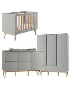 Pack mobilier chambre bébé Swing grise complet : lit 60x120 cm, commode à langer 4 tiroirs et armoire 3 portes avec tiroirs bas