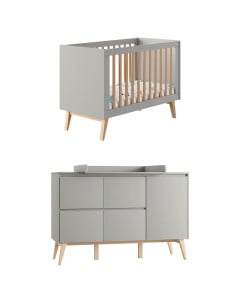 Pack chambre bébé gris taupe Swing de Pinio avec lit 60x120 cm et large meuble à langer large en bois massif