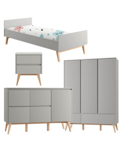 Pack chambre enfant Swing gris : lit 90x200 cm, table de chevet, grande commode et armoire 3 portes – mobilier scandinave élégant et fonctionnel