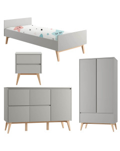 Pack chambre enfant Swing gris et bois – lit 90x200, chevet, grande commode et armoire 2 portes au design scandinave