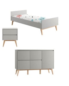 Pack chambre enfant Swing Pinio gris taupe : lit 90x200 cm avec sommier, table de chevet 2 tiroirs et grande commode design scandinave