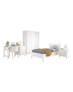 Chambre enfant complète EVA blanche avec lit 90x200 cm, chevet, armoire 3 portes, bureau et caisson à tiroirs – mobilier design et épuré pour un espace de sommeil et de travail harmonieux.