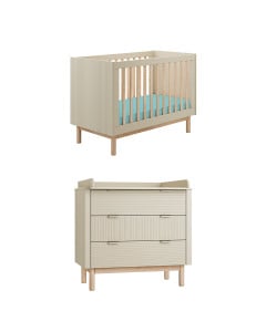 Pack Duo chambre bébé Miloo coloris champagne comprenant un lit bébé 60x120 cm et une commode à langer Pinio, mobilier assorti pour chambre d’enfant moderne et fonctionnelle