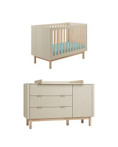 Pack chambre bébé évolutive Miloo Pinio avec lit 60x120 et large commode à langer coloris champagne et bois