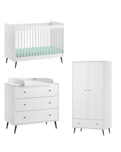 Chambre bébé complète Blanca blanche et noir en mélamine et bois, style classique, avec lit 60x120, commode à langer et armoire Vox. Jurassien