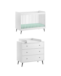 Duo lit bébé 60x120 et commode à langer Blanca Vox en bois blanc, design moderne et minimaliste, disponible chez Jurassien.