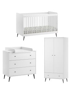 Chambre bébé Blanca évolutive Vox : lit, commode et armoire, style scandinave, blanc et noir, mélamine et bois. Disponible chez Jurassien.
