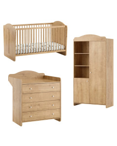 Pack TRIO lit bébé 70x140 + commode, armoire bois naturel Megeve Oak, style vintage par Vox, disponible chez le Jurassien