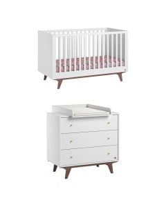 Pack lit bébé + commode table à langer blanc & noyer | Chambre bébé Mid Vox