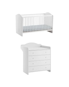 Ensemble Megeve blanc de la marque Vox, comprenant un lit bébé évolutif pour matelas 70x140 cm et une commode avec plan à langer intégré. Un design élégant et fonctionnel idéal pour une chambre d'enfant lumineuse.