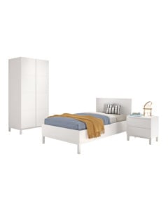 Chambre enfant complète EVA avec lit 90x200 cm, chevet 2 tiroirs et armoire 2 portes, ensemble blanc au design épuré.