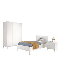 Pack chambre enfant EVA avec cadre de lit 90x200 cm, chevet à tiroirs et armoire 3 portes en bois blanc moderne