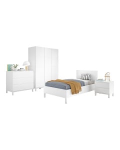Chambre complète EVA pour enfant avec lit 90x200 cm, table de chevet, commode et grande armoire 3 portes, finition blanche épurée idéale pour une déco moderne et fonctionnelle.