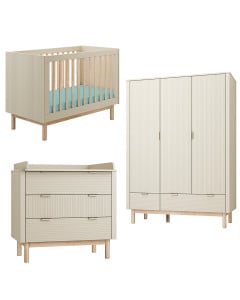 Pack Trio chambre bébé Miloo champagne avec lit 60x120, commode à langer et armoire 3 portes Pinio