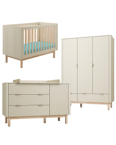 Chambre bébé complète avec lit bébé 60x120 convertible, 1 large commode à langer et une grande armoire 3 portes de la collection Miloo de Pinio
