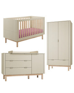 Pack Trio chambre bébé Miloo Pinio coloris champagne avec lit évolutif 70x140, commode à langer et armoire 2 portes assortie