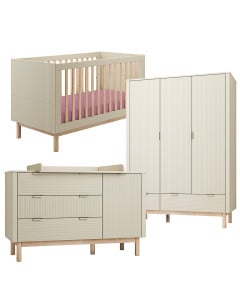 Pack Trio Milloo Pinio chambre bébé coloris champagne avec lit évolutif 70x140, grande commode à langer et armoire 3 portes assortie