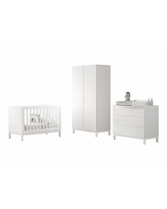 Pack mobilier chambre bébé EVA blanc avec lit 60x120, commode à langer 3 tiroirs et armoire 2 portes – design épuré signé Vipack