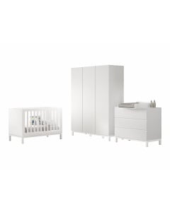 Chambre bébé blanche complète Pack TRIO EVA avec lit à barreaux 60x120 cm, commode à langer et grande armoire 3 portes – design épuré et modulable pour une chambre harmonieuse et pratique.