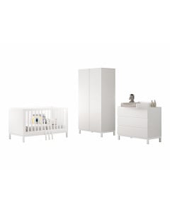 Chambre bébé complète EVA blanche avec lit évolutif 70x140, armoire 2 portes et commode à langer – mobilier design sur fond blanc