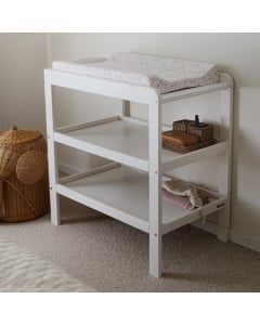 Table à langer Woodies blanche avec matelas à motif fleuri – modèle élégant avec rangements pour chambre bébé contemporaine