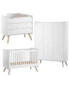 Pack Trio chambre bébé Vintage blanche avec lit 70x140 + commode à langer + armoire 3 portes de la marque VOX
