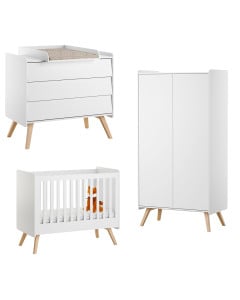 Pack trio chambre bébé avec lit 60x120 cm, commode à langer et armoire 2 portes collection Vintage de la marque Vox, finition blanche avec pieds en bois de chêne massif